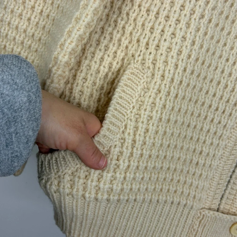 Vintage Irish Sweater Womens Large Cream Wool Chunky Knit Coatigan Cardigan - Picture 8 of 16